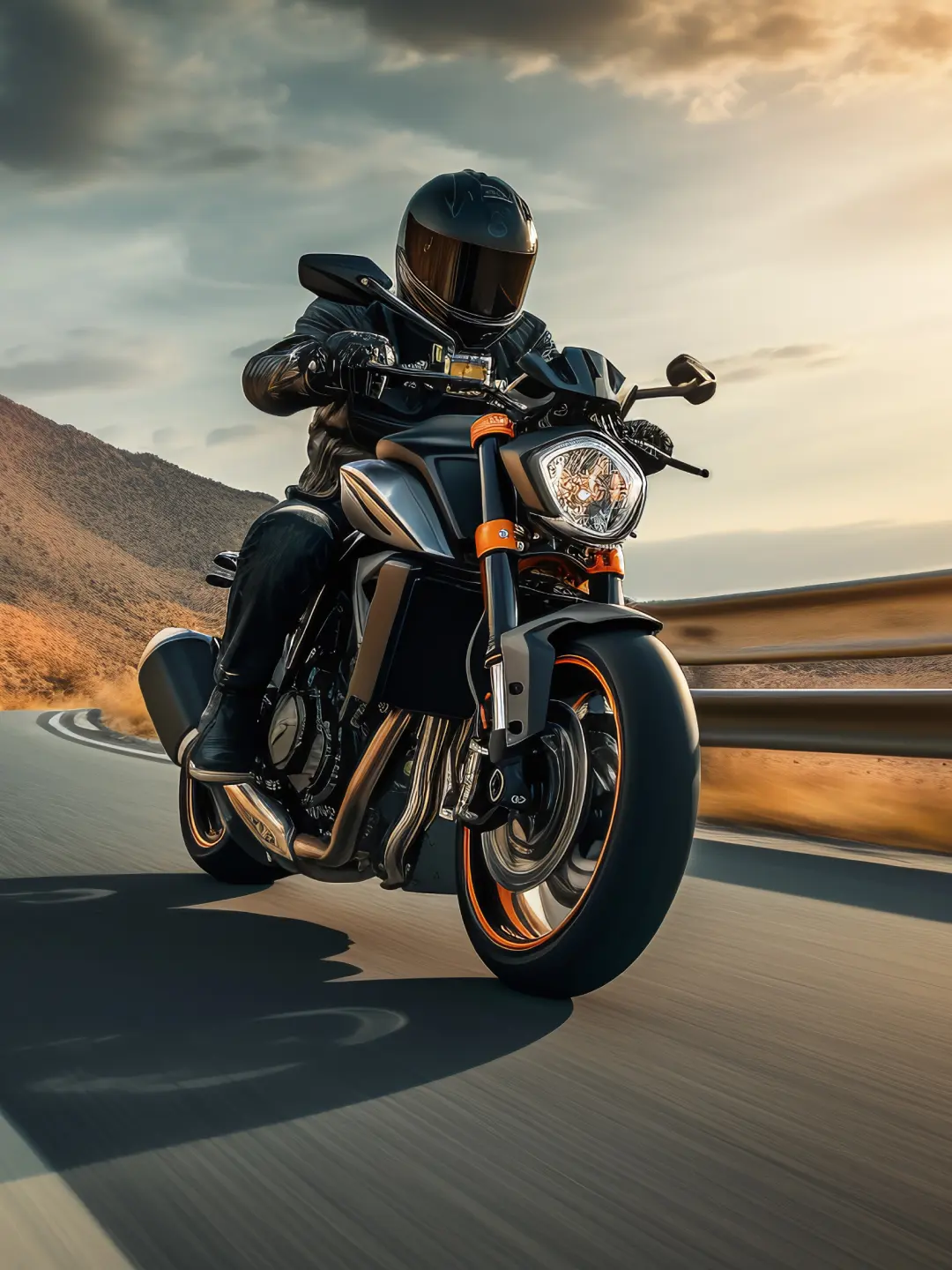 Motociclista pilotando uma naked por uma estrada de serra no fim da tarde